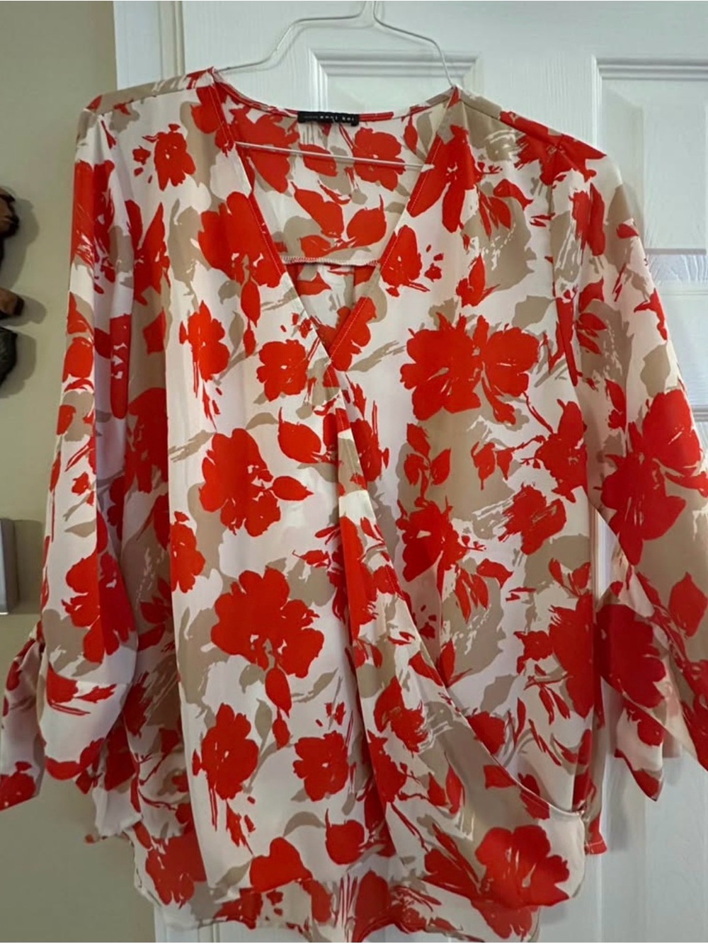 West Kei Red & Cream Floral Wrap Blouse
